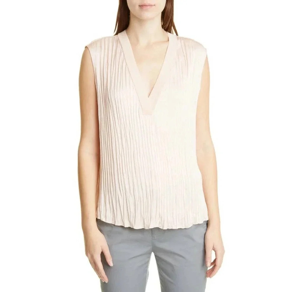 NWT Vince Crushed Sleeveless Double V-neck Tank Blouse French Rose